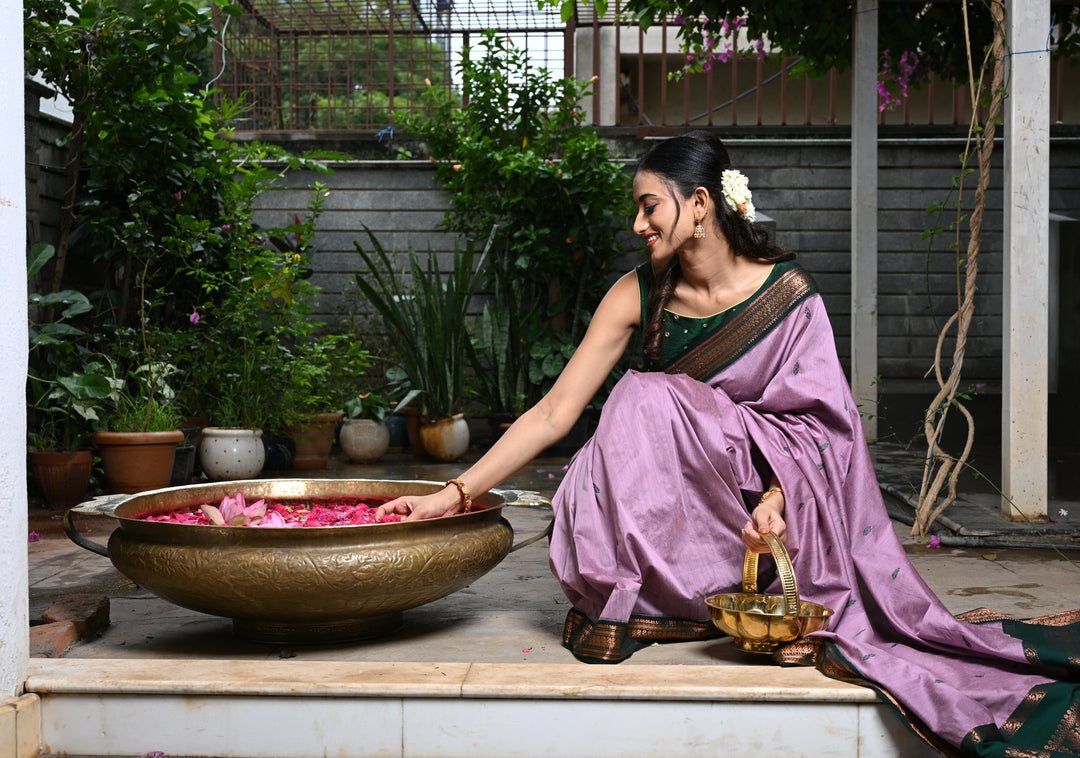 Dusty Rose Cotton Silk Saree with Resham Butta and Green Zari Borders and Pallu