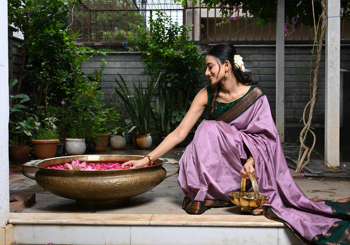 Dusty Rose Cotton Silk Saree with Resham Butta and Green Zari Borders and Pallu