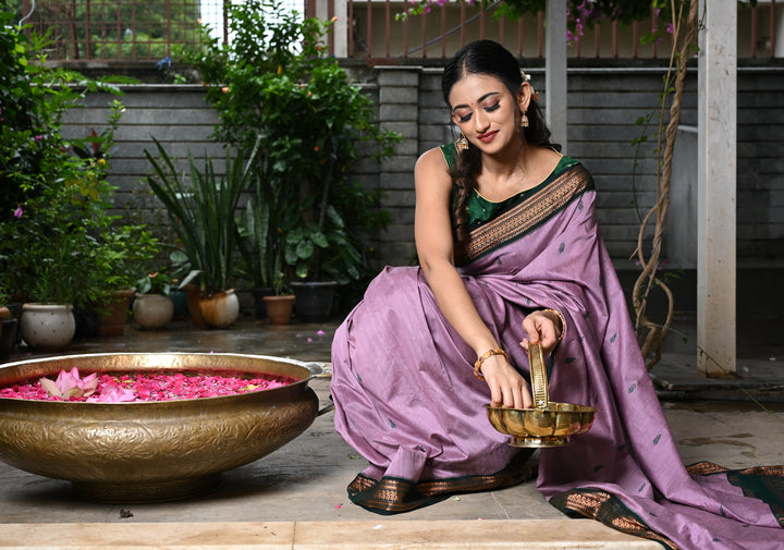 Dusty Rose Cotton Silk Saree with Resham Butta and Green Zari Borders and Pallu