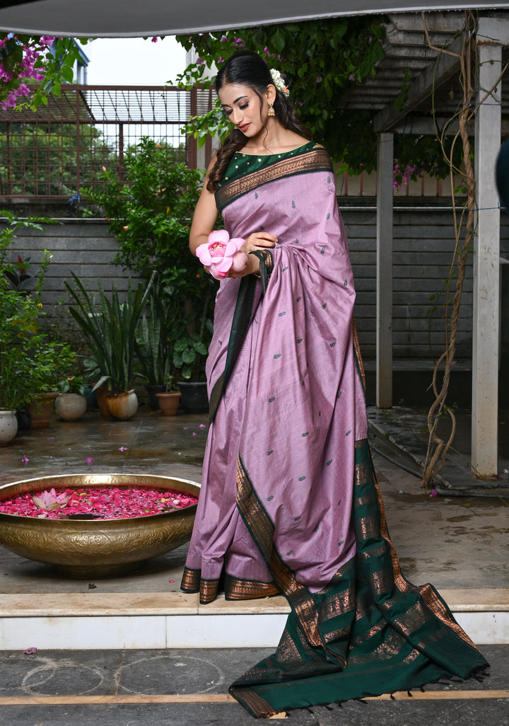 Dusty Rose Cotton Silk Saree with Resham Butta and Green Zari Borders and Pallu