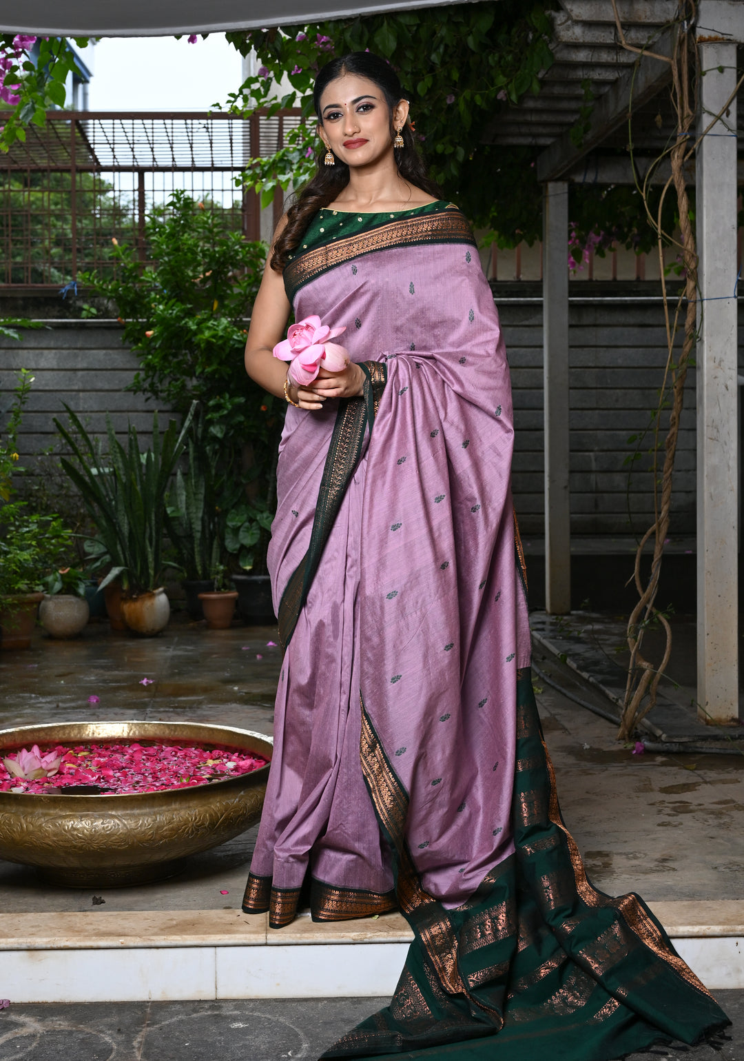 Dusty Rose Cotton Silk Saree with Resham Butta and Green Zari Borders and Pallu