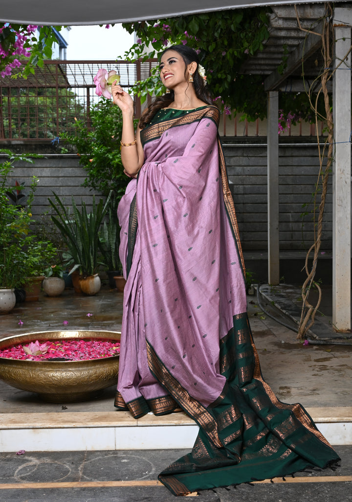 Dusty Rose Cotton Silk Saree with Resham Butta and Green Zari Borders and Pallu