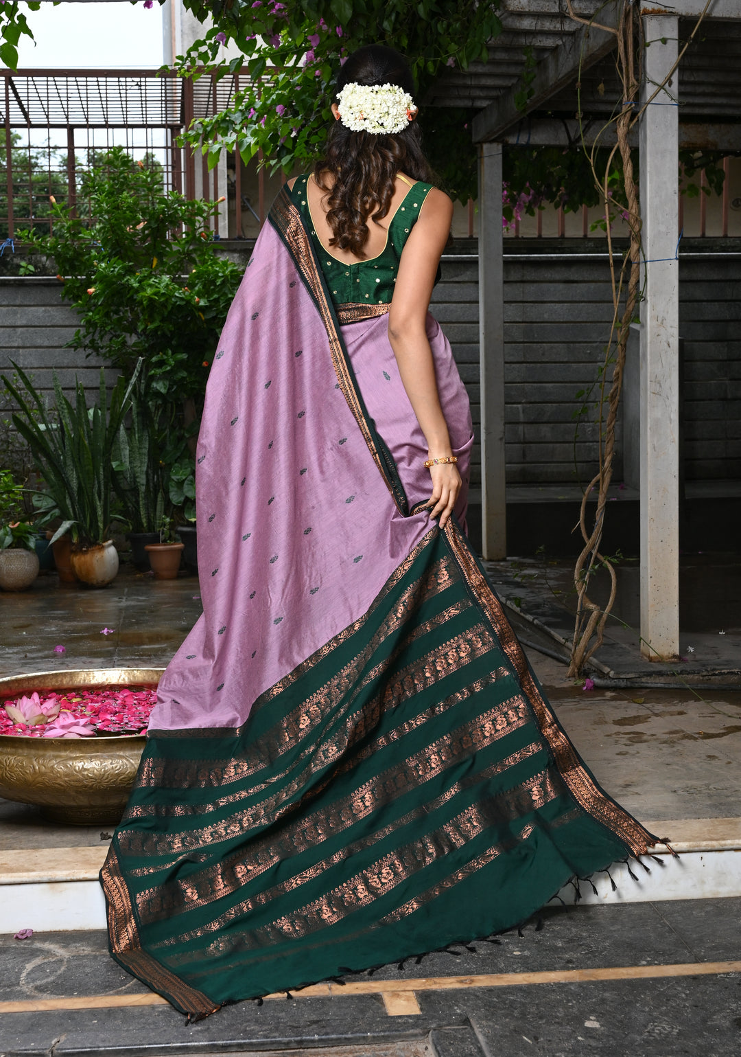 Dusty Rose Cotton Silk Saree with Resham Butta and Green Zari Borders and Pallu