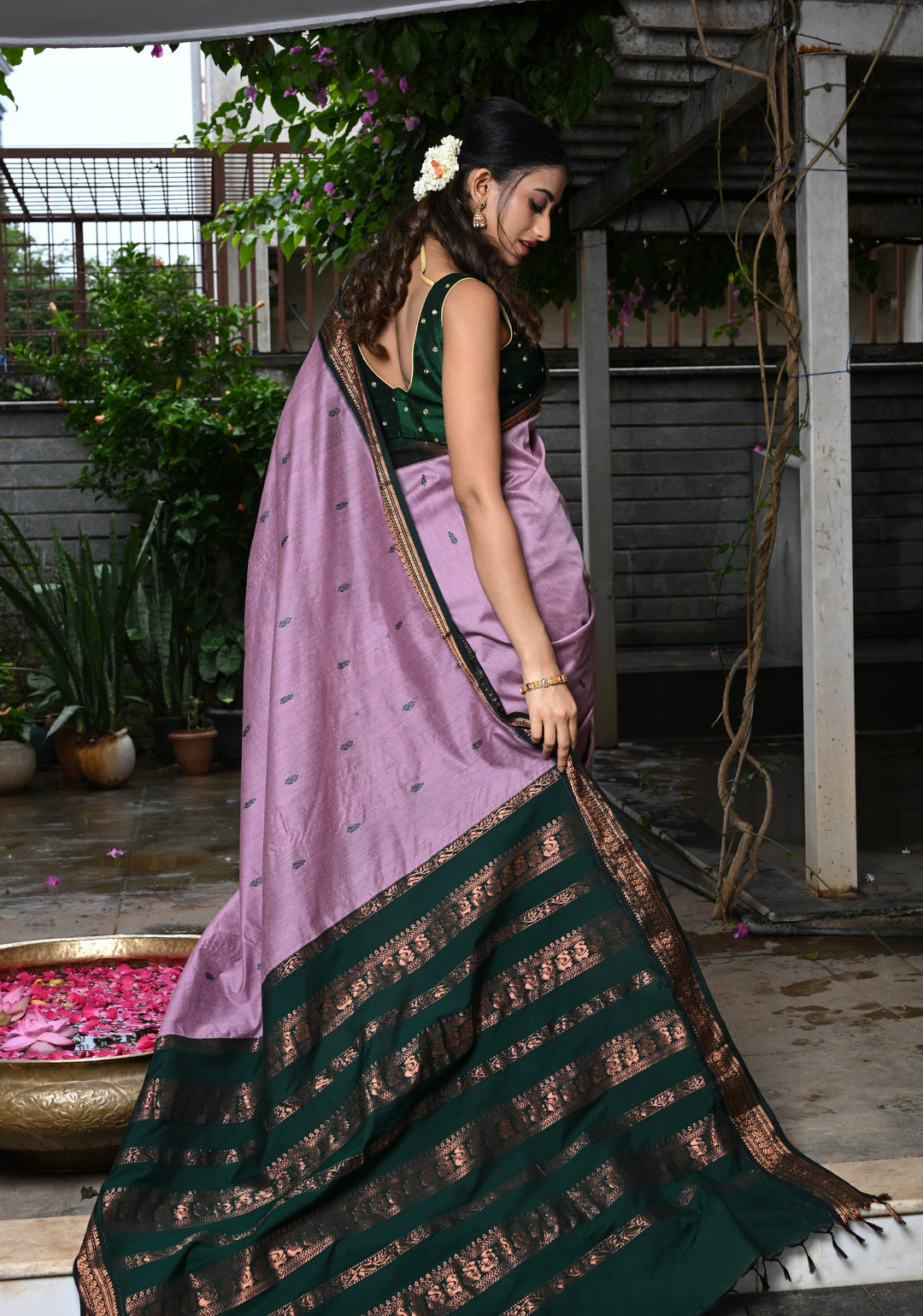 Dusty Rose Cotton Silk Saree with Resham Butta and Green Zari Borders and Pallu