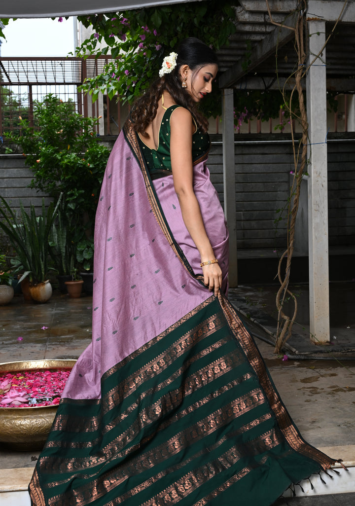 Dusty Rose Cotton Silk Saree with Resham Butta and Green Zari Borders and Pallu