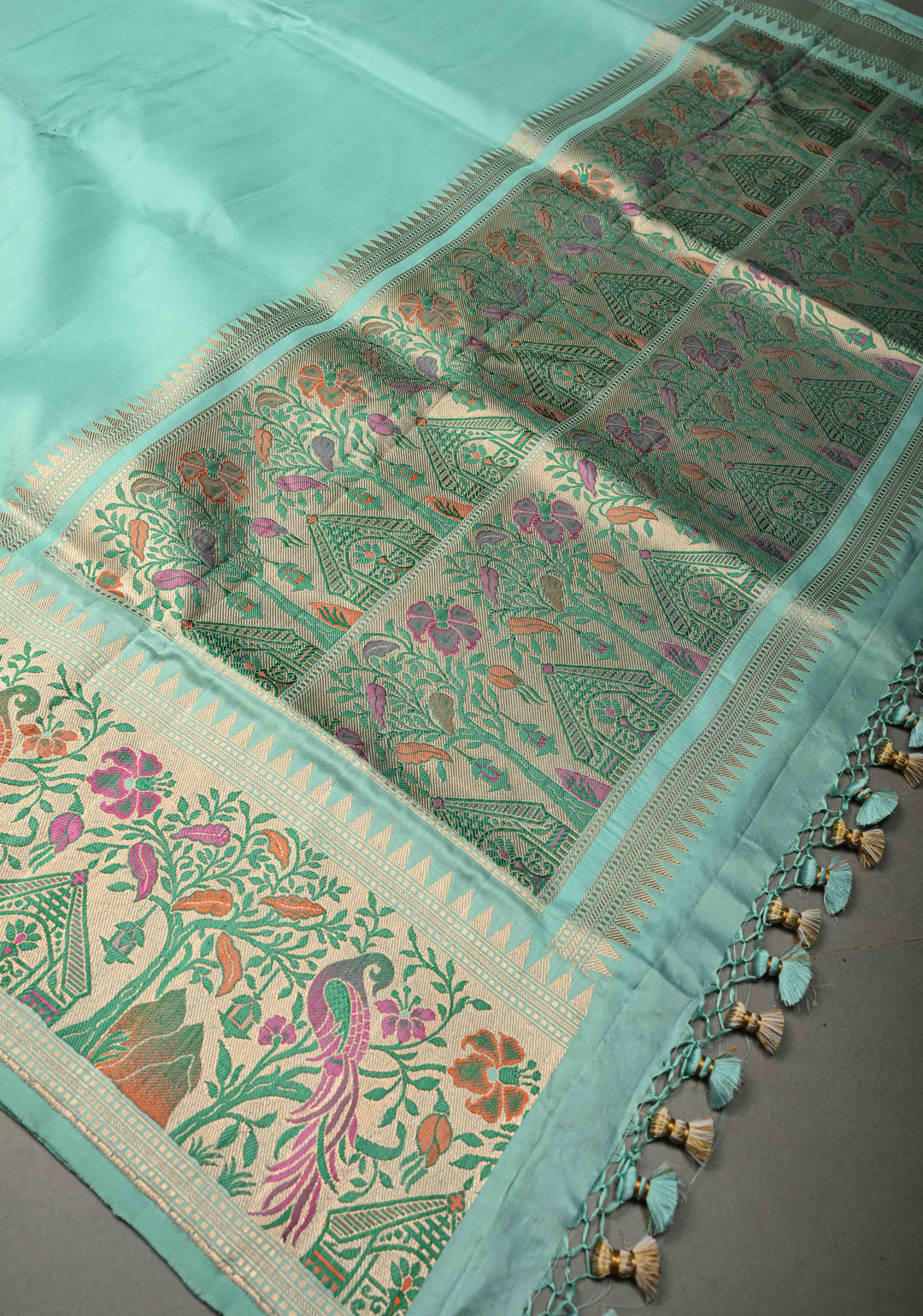 Aqua Blue Banarasi Katan Silk Saree and Paithani Silver Zari Border | SILK MARK CERTIFIED | Shobitam