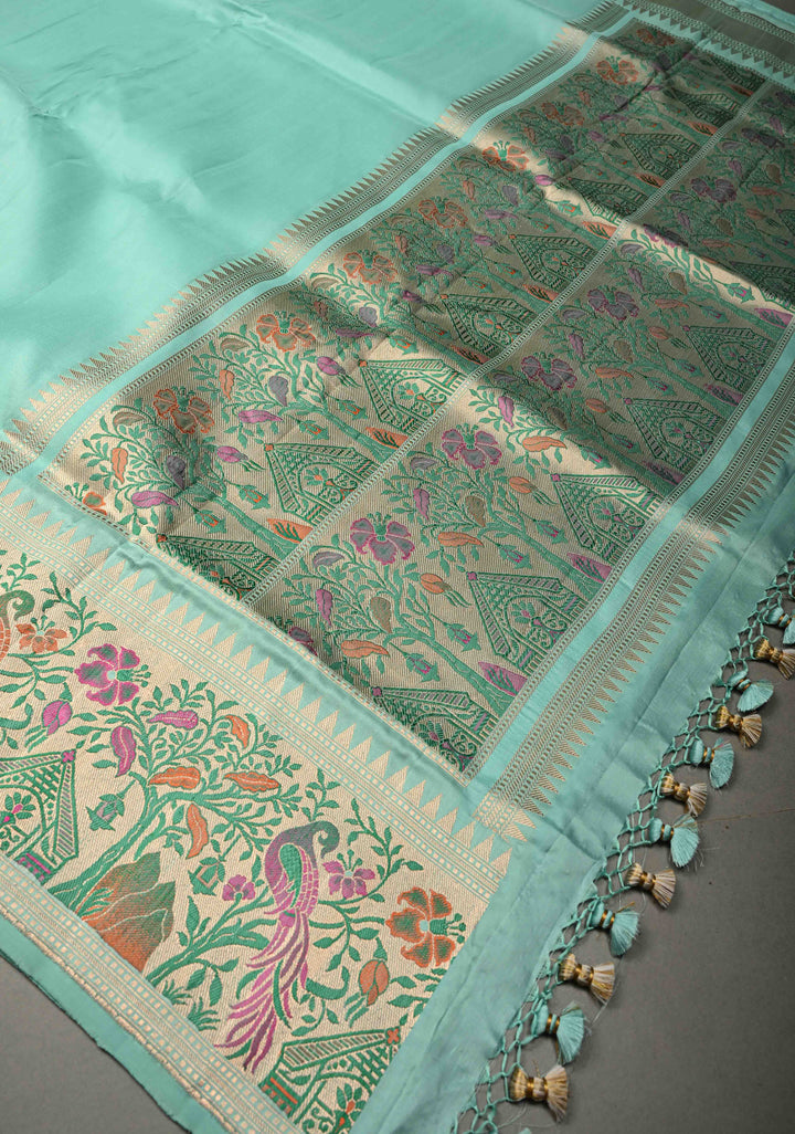 Aqua Blue Banarasi Katan Silk Saree and Paithani Silver Zari Border | SILK MARK CERTIFIED | Shobitam