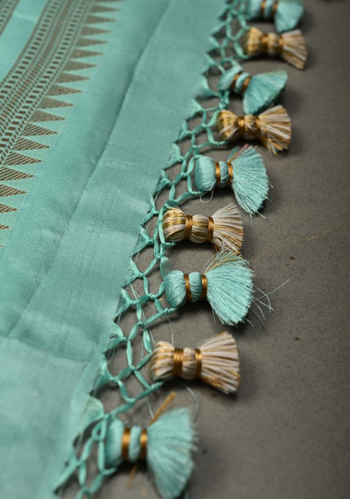 Aqua Blue Banarasi Katan Silk Saree and Paithani Silver Zari Border | SILK MARK CERTIFIED | Shobitam