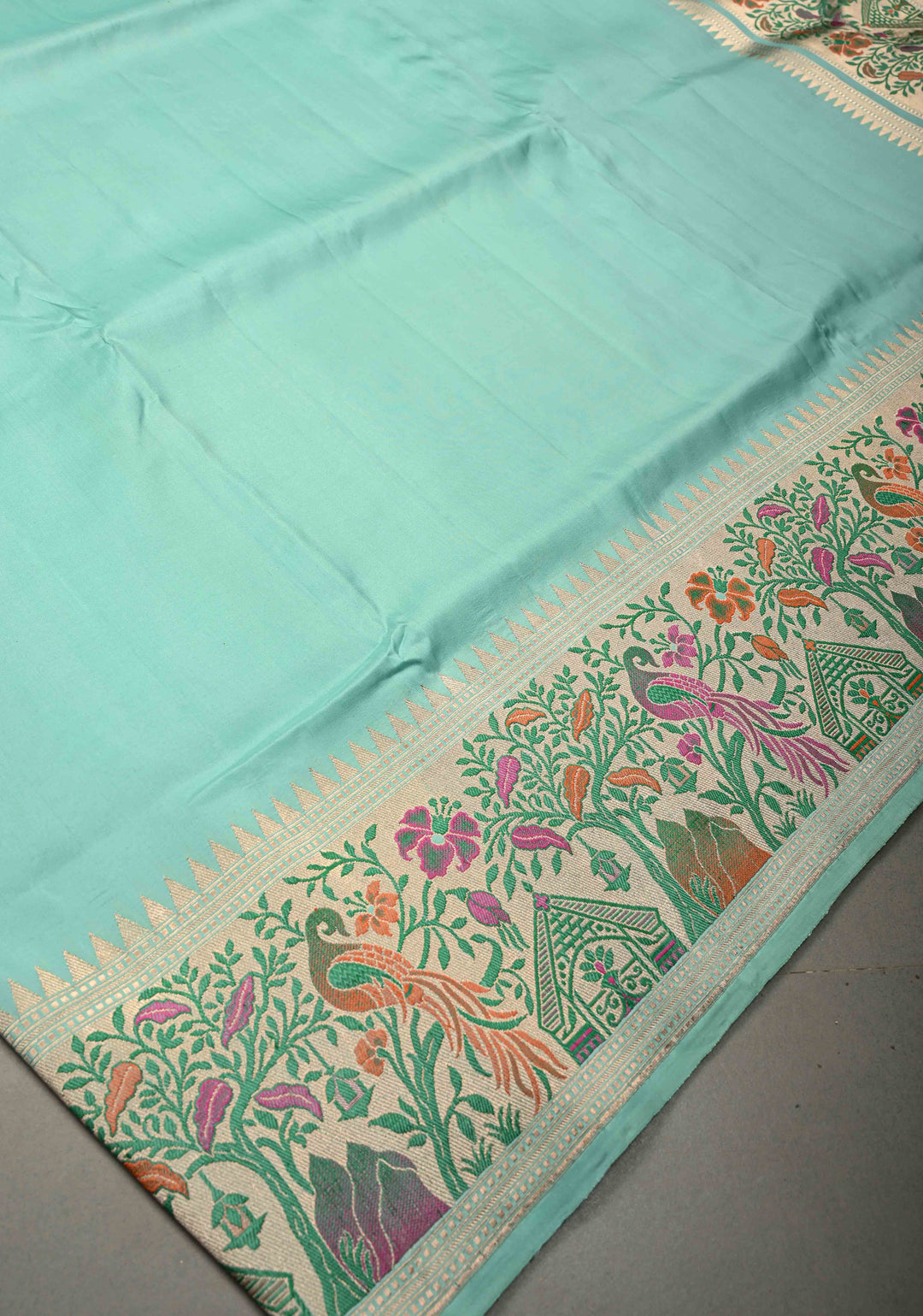 Aqua Blue Banarasi Katan Silk Saree and Paithani Silver Zari Border | SILK MARK CERTIFIED | Shobitam