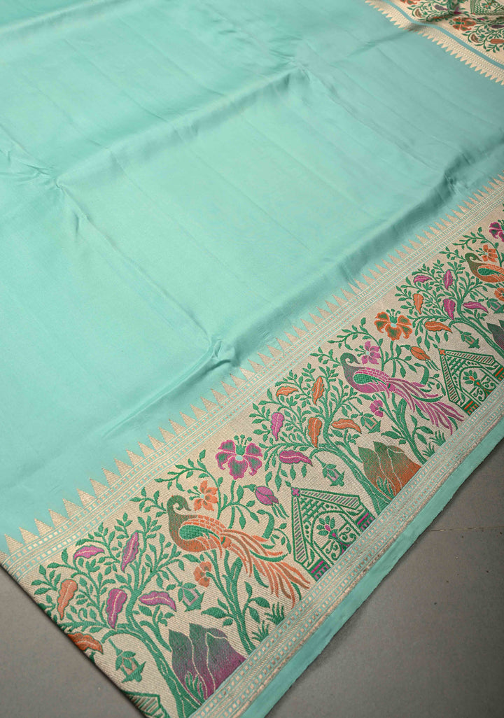 Aqua Blue Banarasi Katan Silk Saree and Paithani Silver Zari Border | SILK MARK CERTIFIED | Shobitam