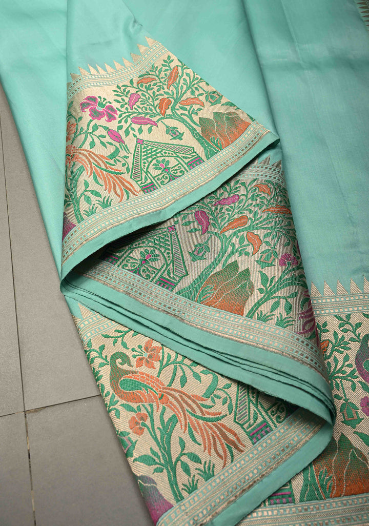 Aqua Blue Banarasi Katan Silk Saree and Paithani Silver Zari Border | SILK MARK CERTIFIED | Shobitam