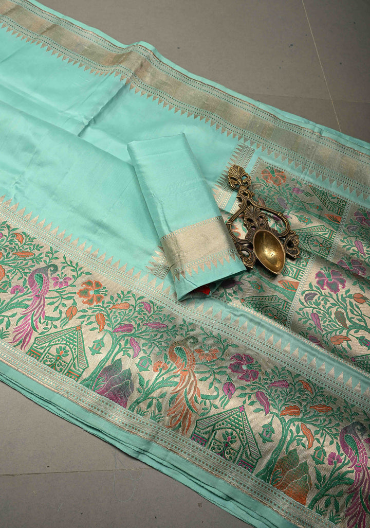Aqua Blue Banarasi Katan Silk Saree and Paithani Silver Zari Border | SILK MARK CERTIFIED | Shobitam