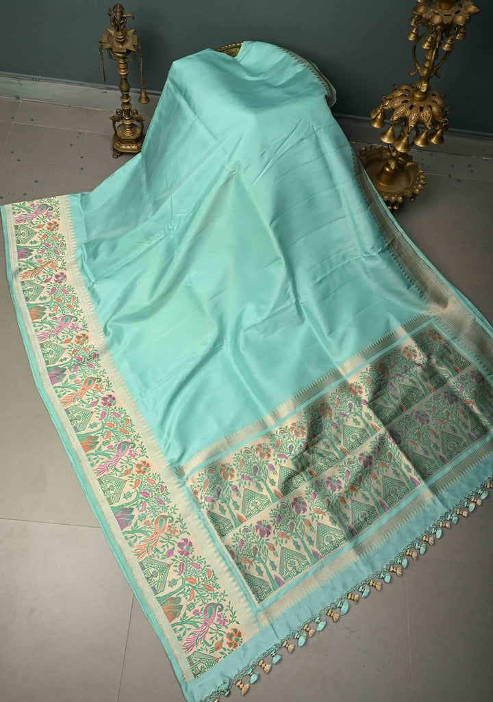 Aqua Blue Banarasi Katan Silk Saree and Paithani Silver Zari Border | SILK MARK CERTIFIED | Shobitam