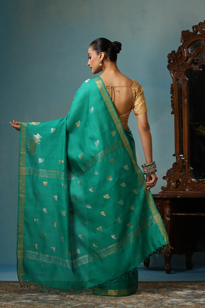 Pure Chattisgarhi handwoven Kosa Tussar Silk Saree in Rama Green with Sona Rupa Bull Motifs | SILK MARK CERTIFIED