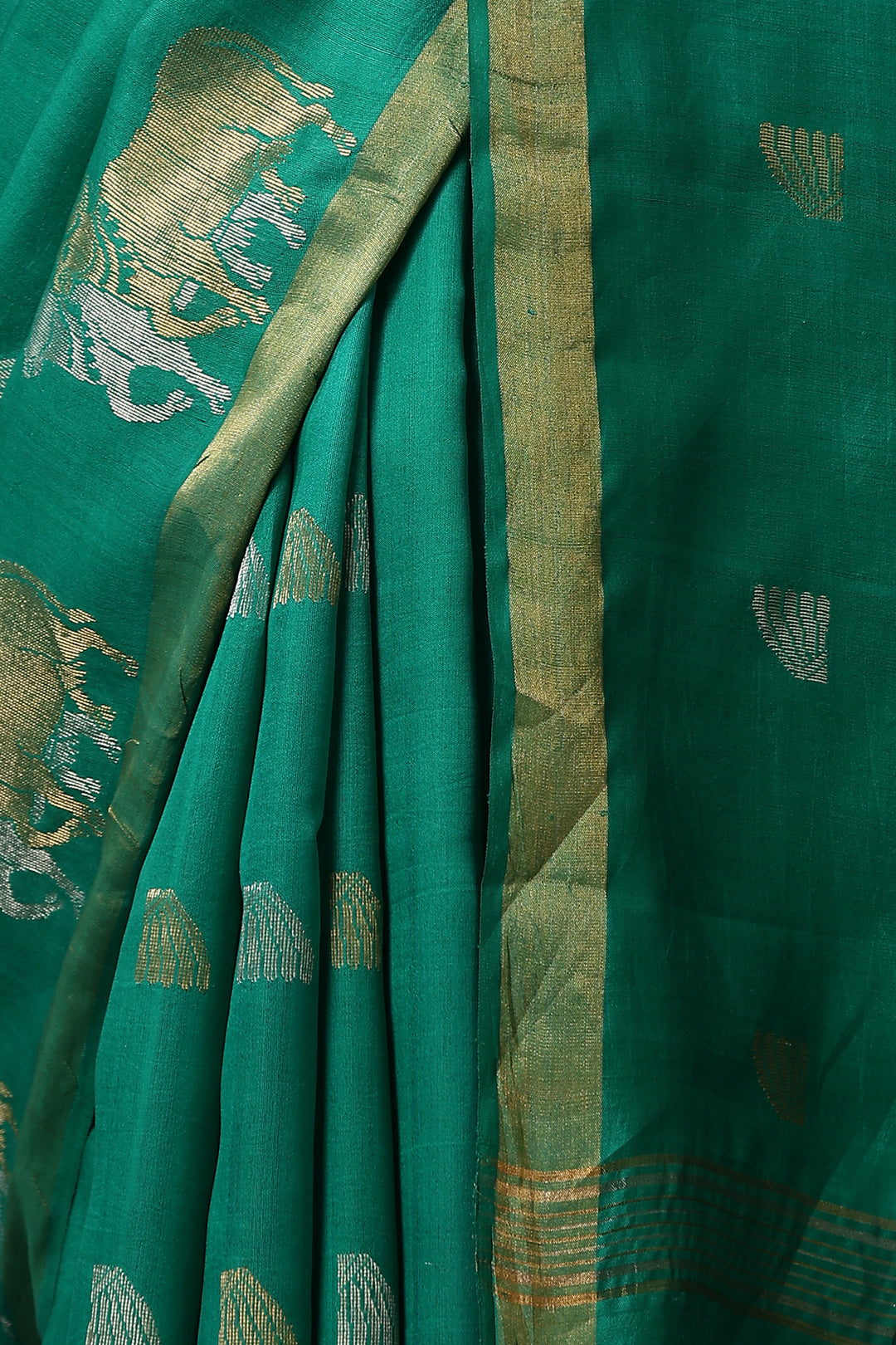 Pure Chattisgarhi handwoven Kosa Tussar Silk Saree in Rama Green with Sona Rupa Bull Motifs | SILK MARK CERTIFIED