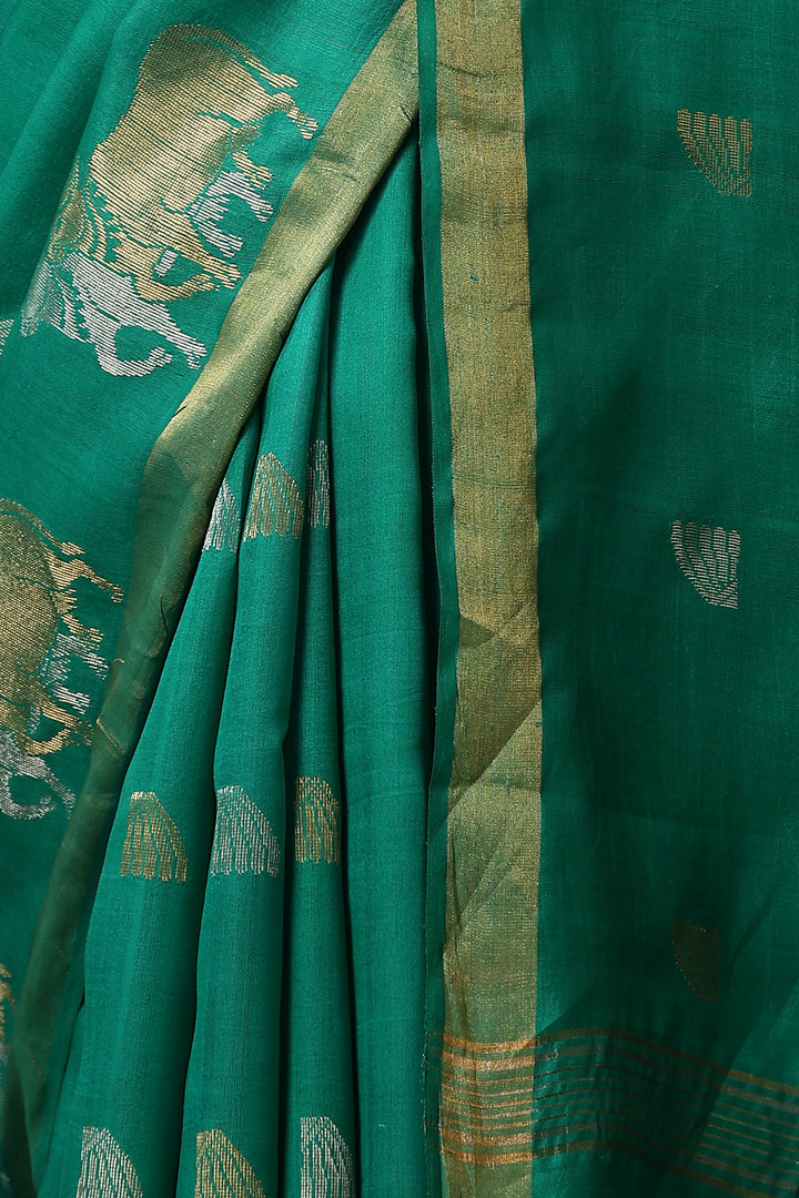 Pure Chattisgarhi handwoven Kosa Tussar Silk Saree in Rama Green with Sona Rupa Bull Motifs | SILK MARK CERTIFIED