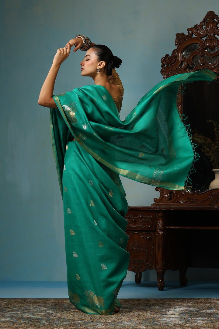 Pure Chattisgarhi handwoven Kosa Tussar Silk Saree in Rama Green with Sona Rupa Bull Motifs | SILK MARK CERTIFIED