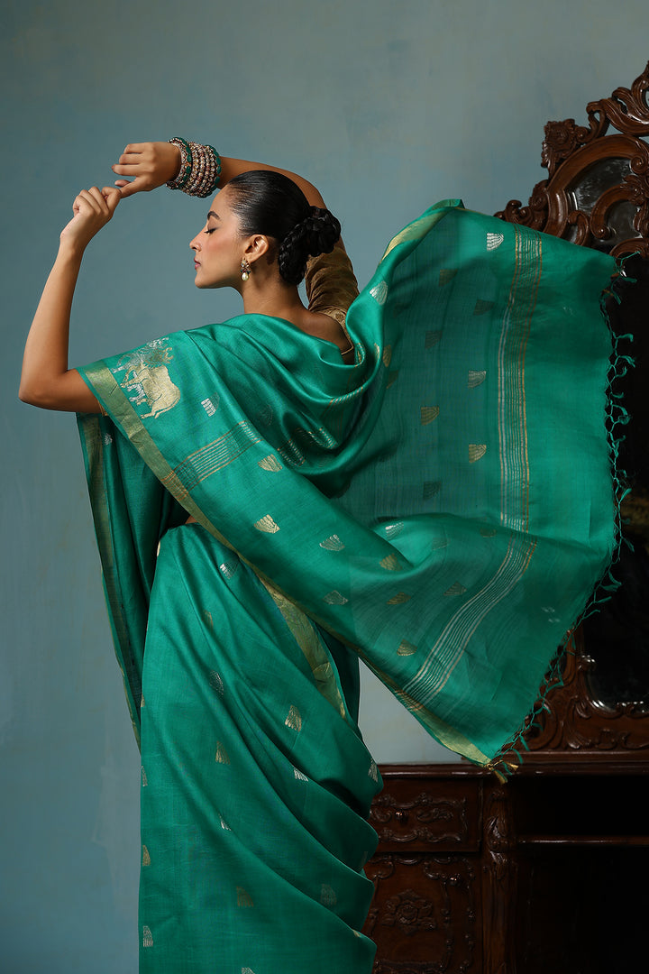 Pure Chattisgarhi handwoven Kosa Tussar Silk Saree in Rama Green with Sona Rupa Bull Motifs | SILK MARK CERTIFIED