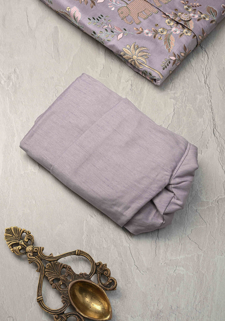 Dusty Lavender Kurta with Floral and Elephant Embroidery Pajama Set for Men | Made to Order