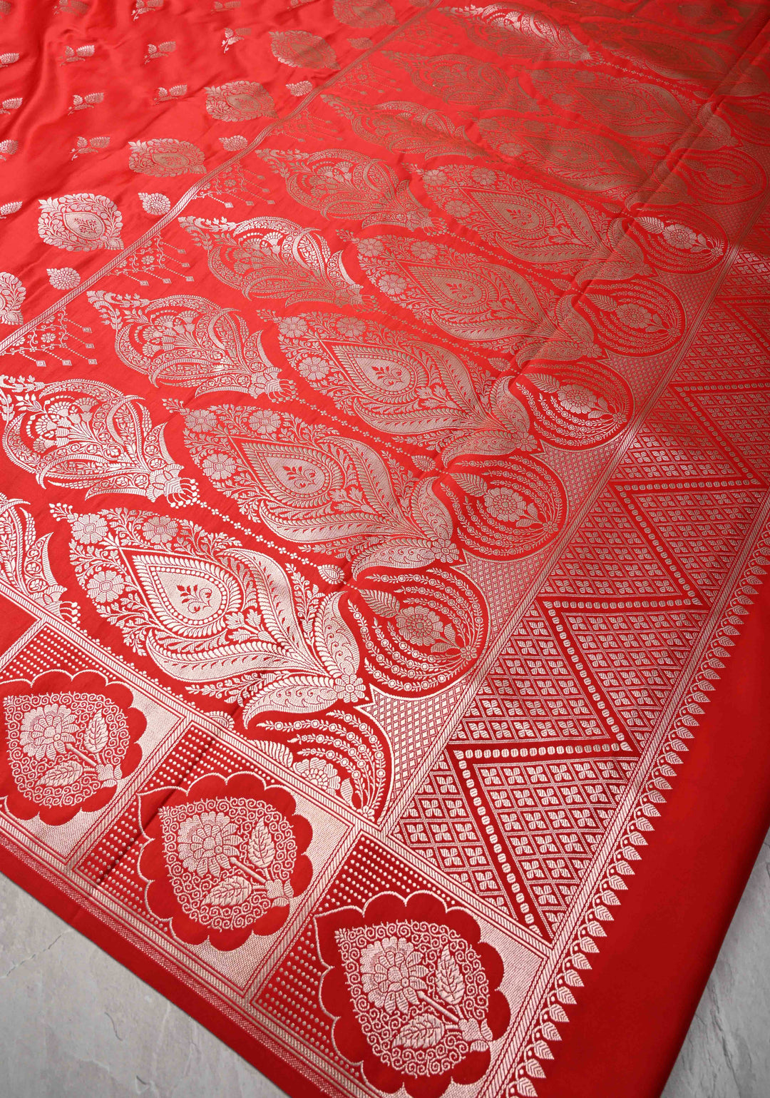 Red Banarasi Semi Mashru Silk Saree with Floral Zari Butta and Vine floral Zari Border