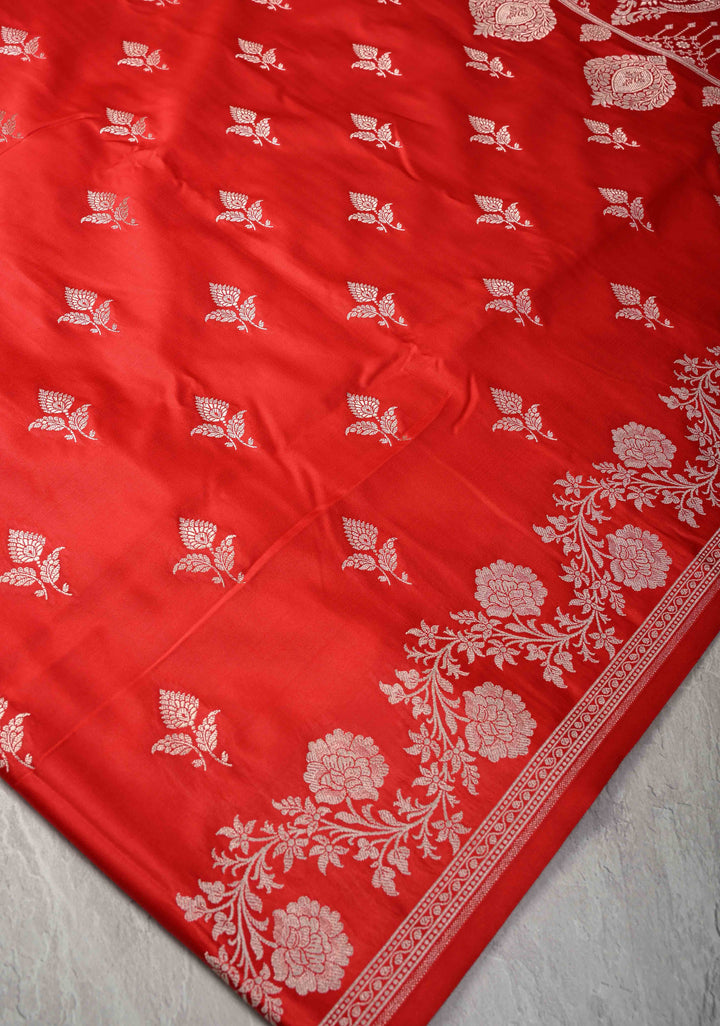 Red Banarasi Semi Mashru Silk Saree with Floral Zari Butta and Vine floral Zari Border