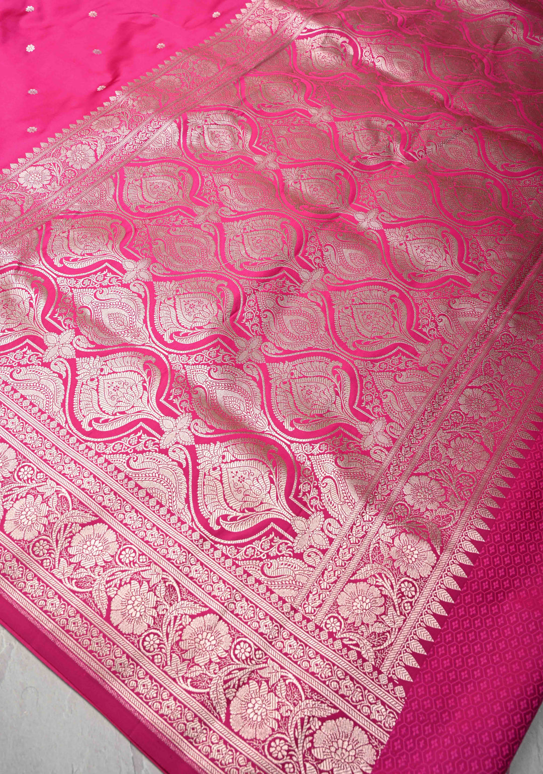 Rani Pink Banarasi Semi Mashru Silk Saree with Chunri Butti and Zari Border