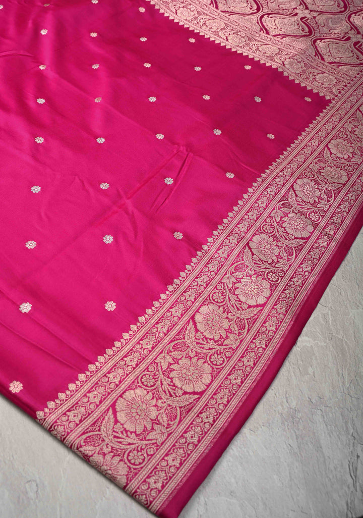 Rani Pink Banarasi Semi Mashru Silk Saree with Chunri Butti and Zari Border