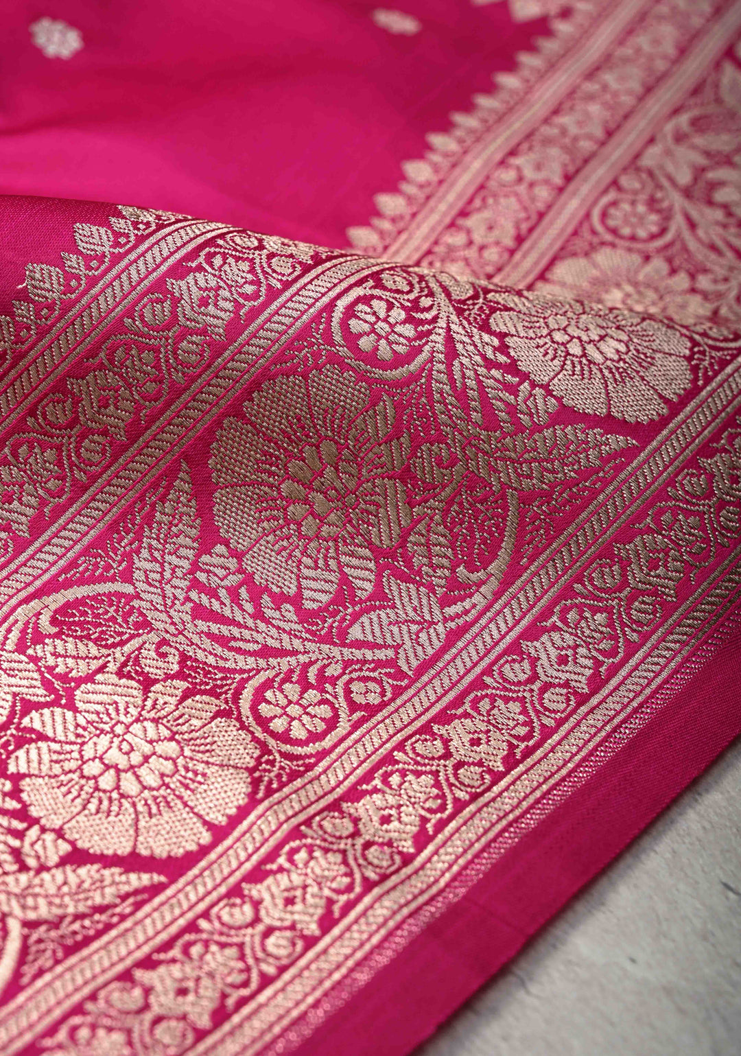 Rani Pink Banarasi Semi Mashru Silk Saree with Chunri Butti and Zari Border