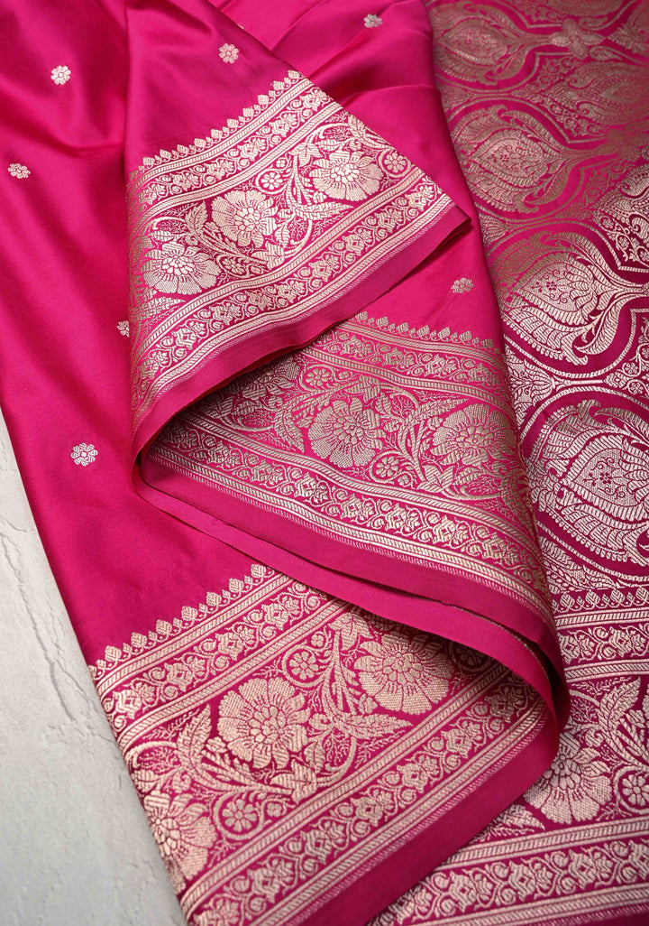 Rani Pink Banarasi Semi Mashru Silk Saree with Chunri Butti and Zari Border