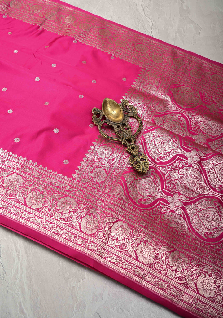 Rani Pink Banarasi Semi Mashru Silk Saree with Chunri Butti and Zari Border
