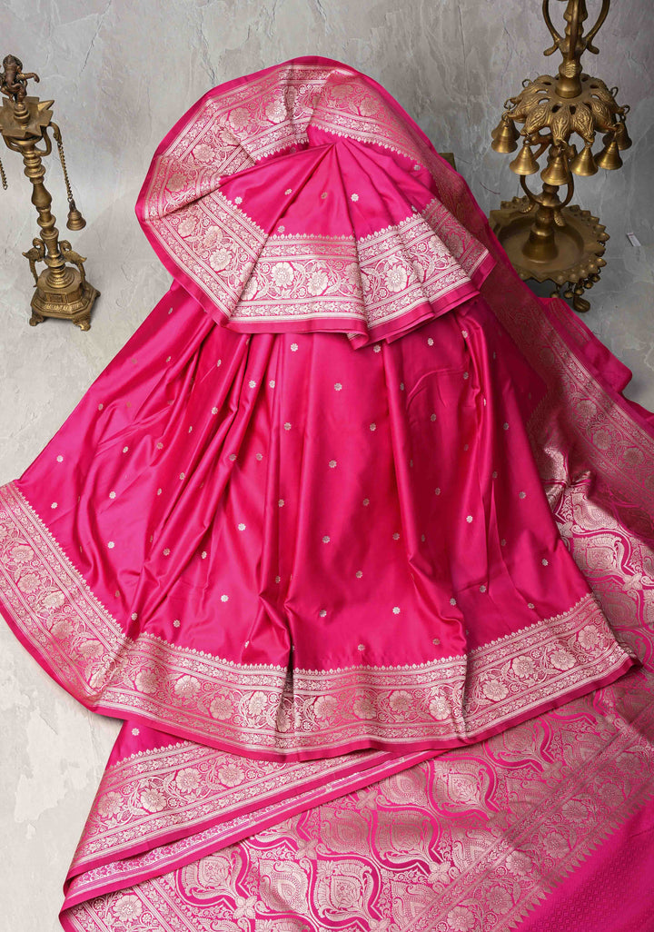 Rani Pink Banarasi Semi Mashru Silk Saree with Chunri Butti and Zari Border