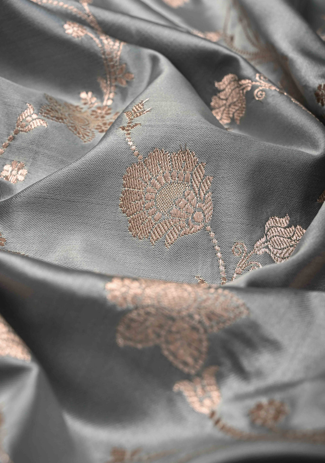 Gray Banarasi Semi Mashru Silk Saree with Floral Jaal and Zari Border