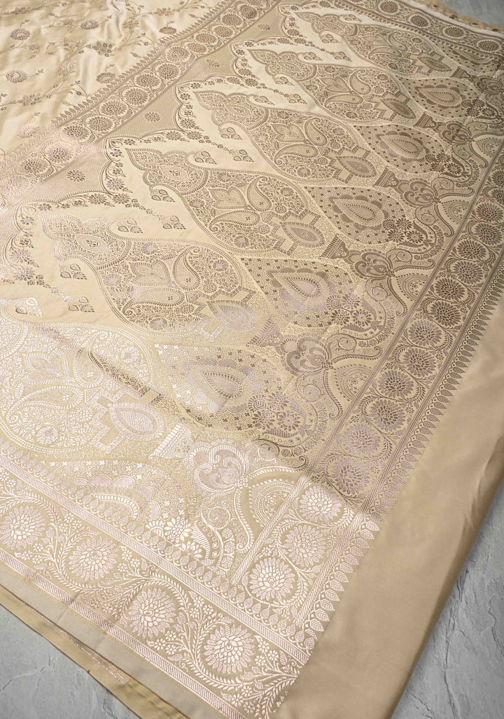 Beige Banarasi Semi Mashru Silk Saree with Floral Jaal and Zari Border