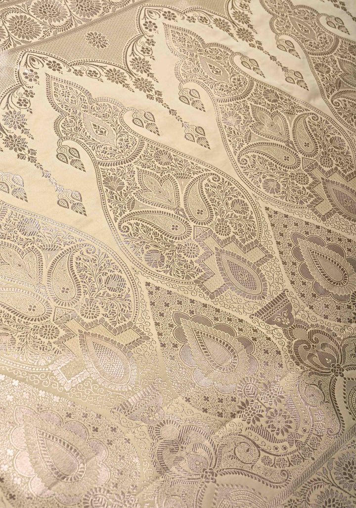Beige Banarasi Semi Mashru Silk Saree with Floral Jaal and Zari Border