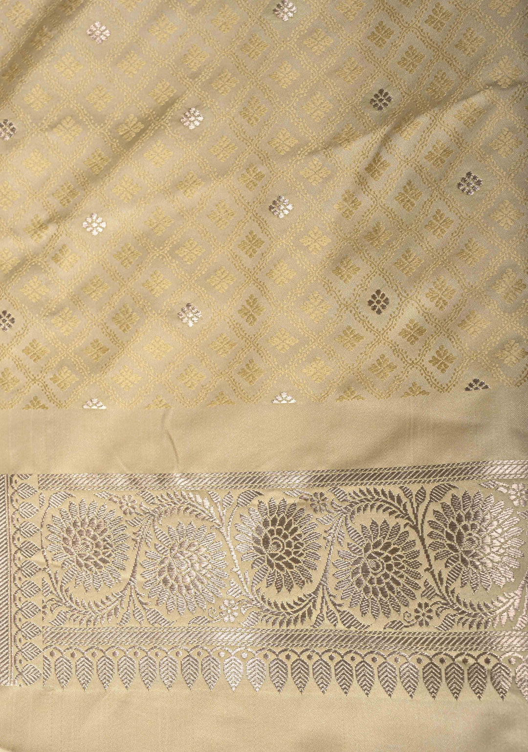 Beige Banarasi Semi Mashru Silk Saree with Floral Jaal and Zari Border