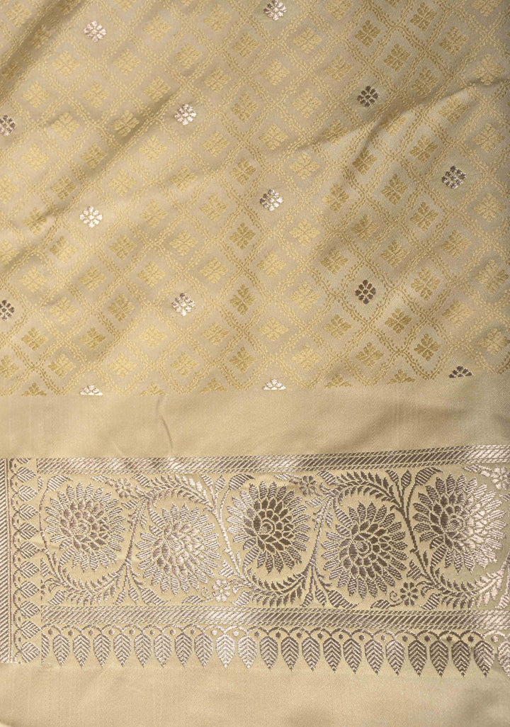 Beige Banarasi Semi Mashru Silk Saree with Floral Jaal and Zari Border