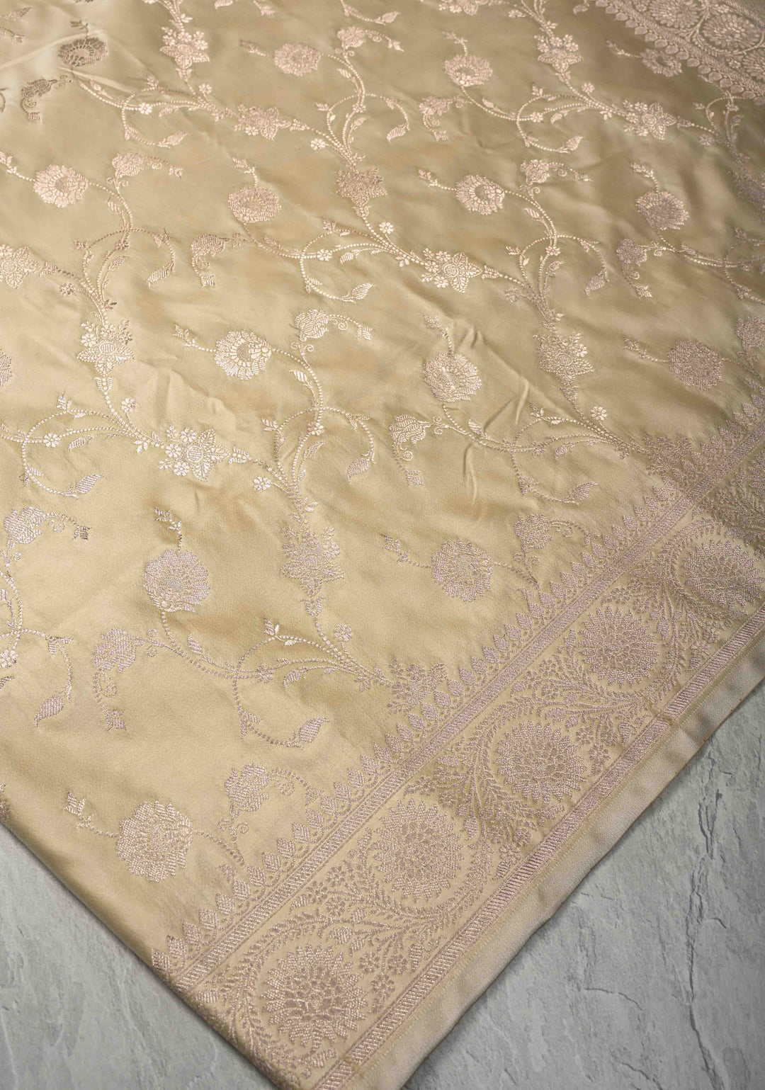 Beige Banarasi Semi Mashru Silk Saree with Floral Jaal and Zari Border