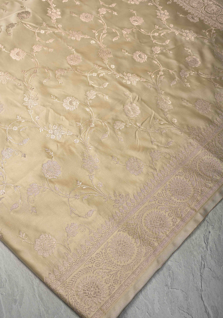 Beige Banarasi Semi Mashru Silk Saree with Floral Jaal and Zari Border