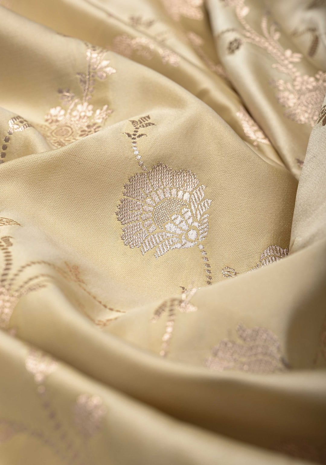Beige Banarasi Semi Mashru Silk Saree with Floral Jaal and Zari Border