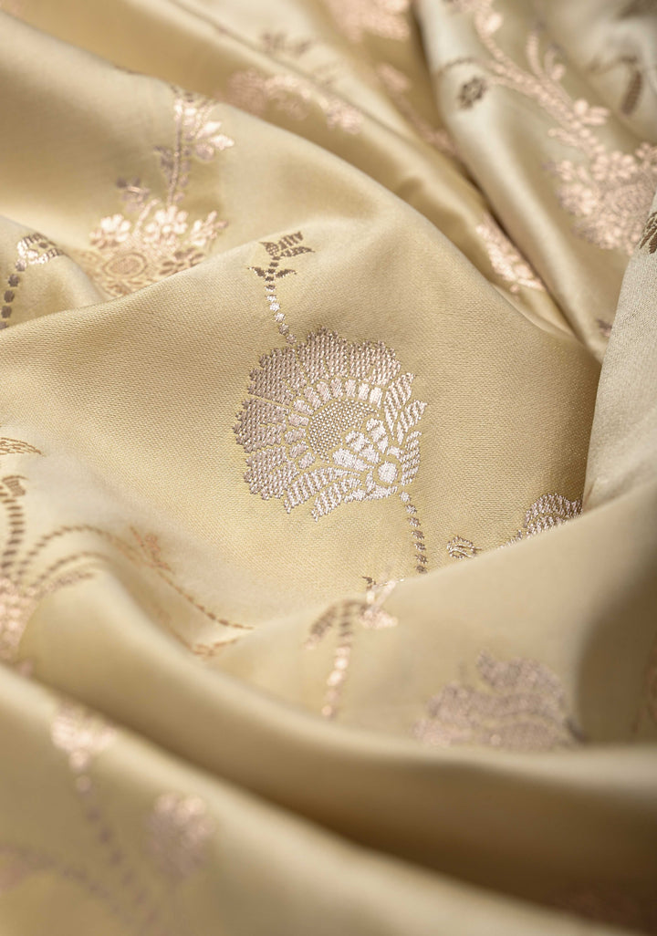 Beige Banarasi Semi Mashru Silk Saree with Floral Jaal and Zari Border