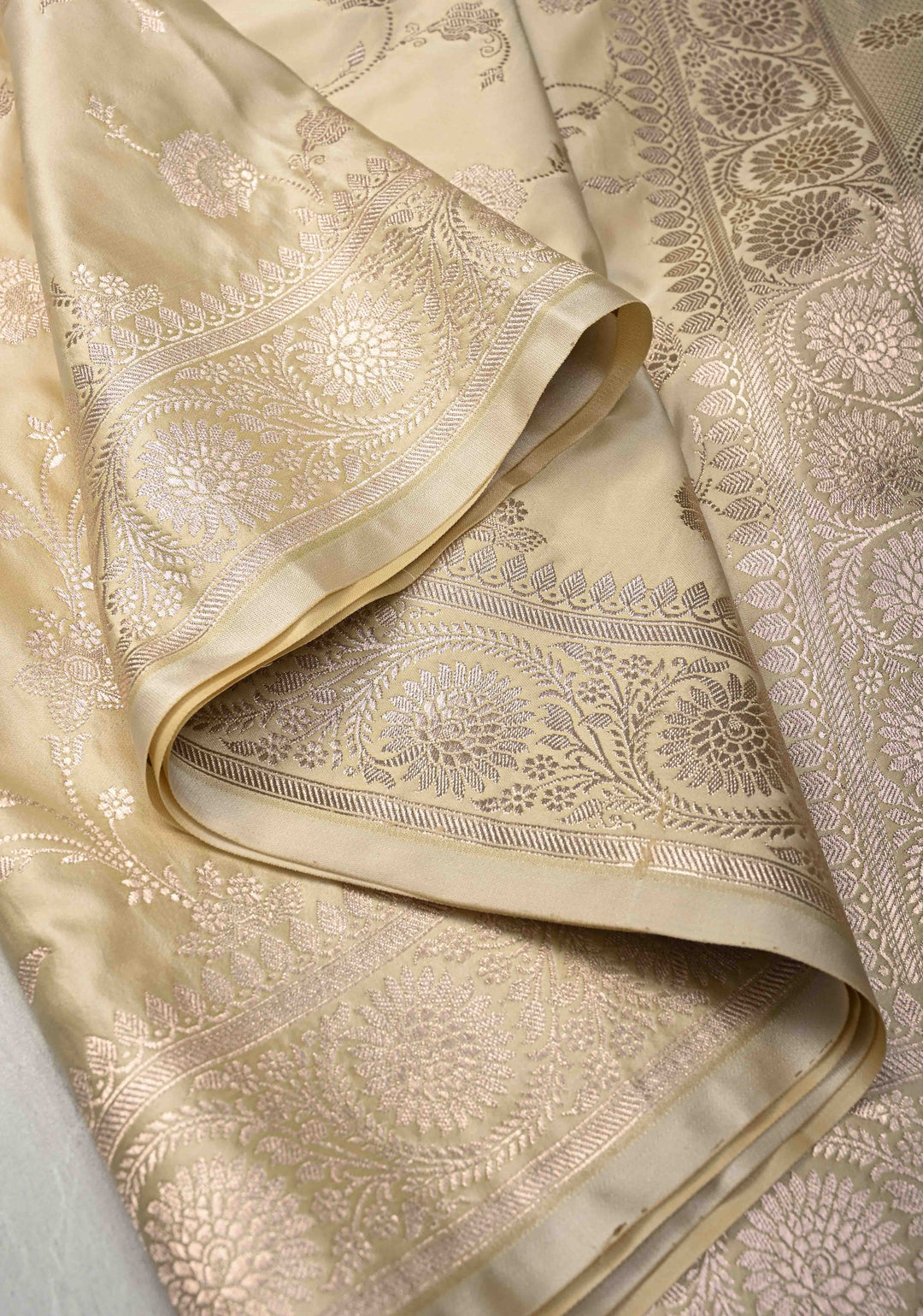Beige Banarasi Semi Mashru Silk Saree with Floral Jaal and Zari Border