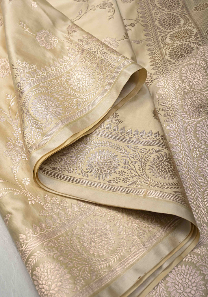 Beige Banarasi Semi Mashru Silk Saree with Floral Jaal and Zari Border