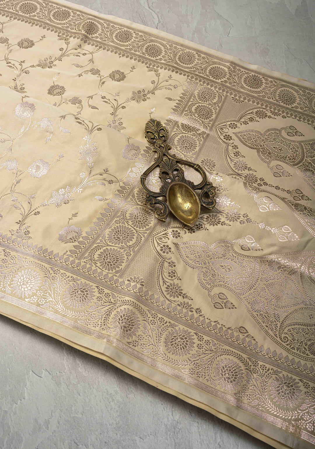 Beige Banarasi Semi Mashru Silk Saree with Floral Jaal and Zari Border