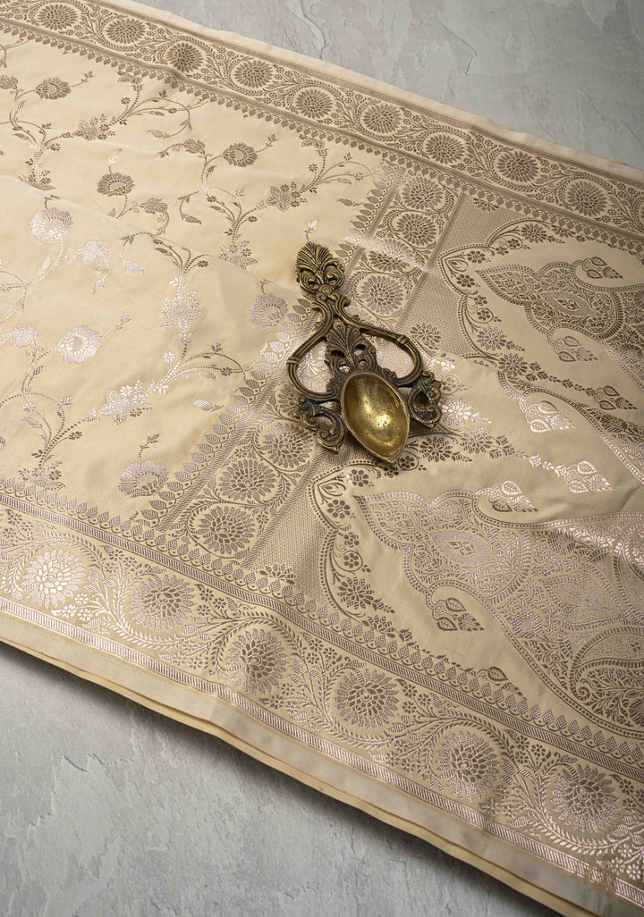 Beige Banarasi Semi Mashru Silk Saree with Floral Jaal and Zari Border