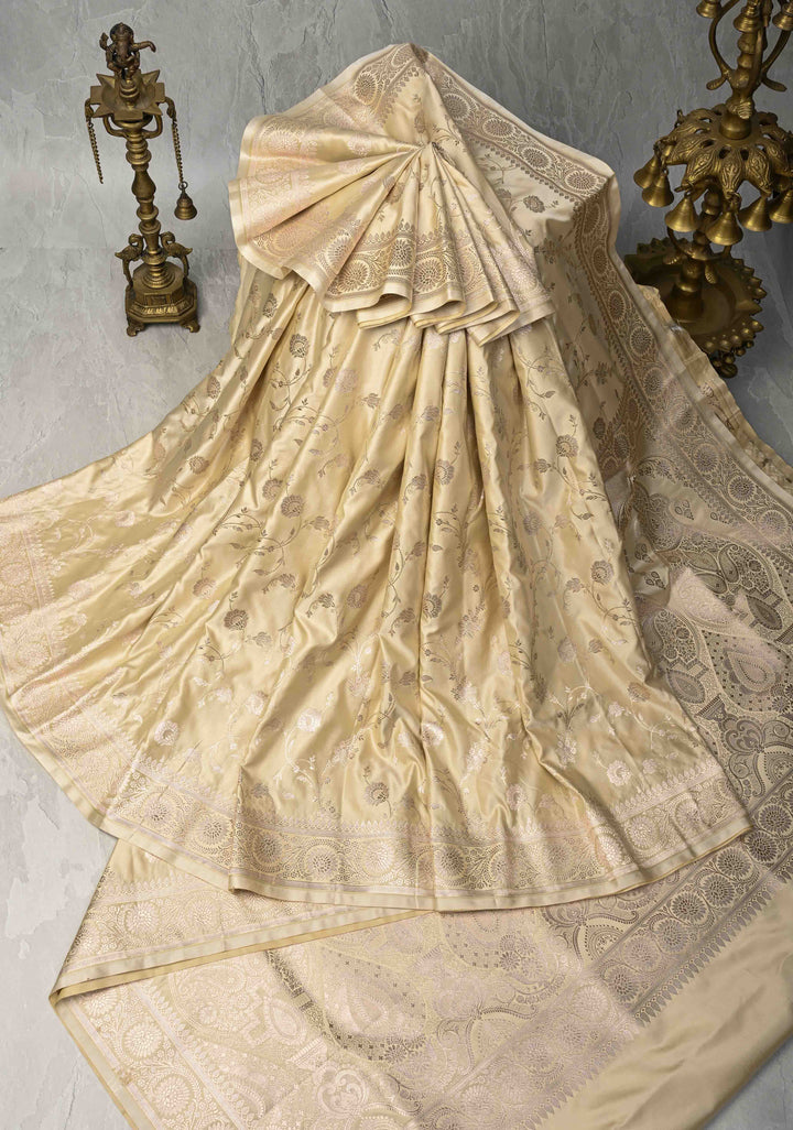 Beige Banarasi Semi Mashru Silk Saree with Floral Jaal and Zari Border