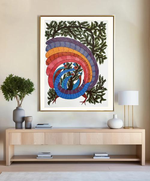 Dancing Peacock Gond Hand Painting Wall Art By 36" x 24" (Unframed)