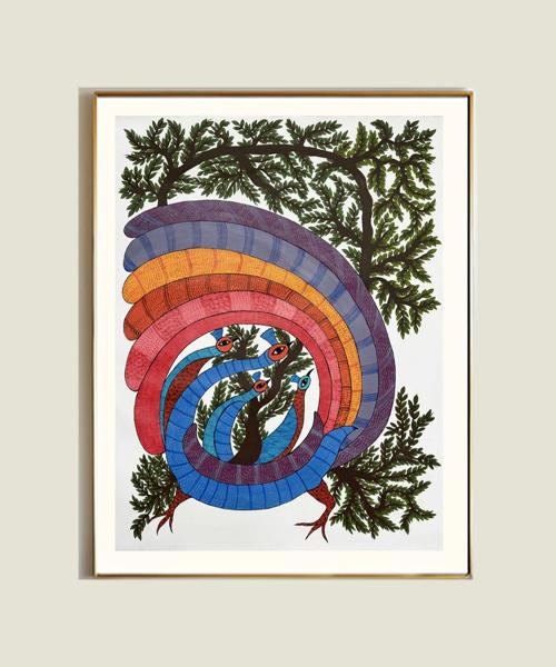 Dancing Peacock Gond Hand Painting Wall Art By 36" x 24" (Unframed)