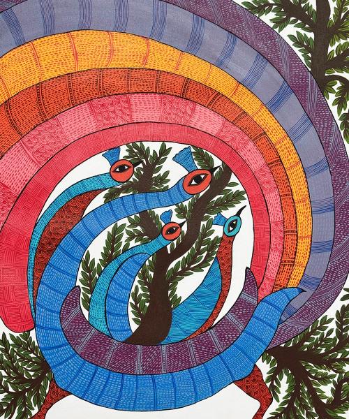 Dancing Peacock Gond Hand Painting Wall Art By 36" x 24" (Unframed)