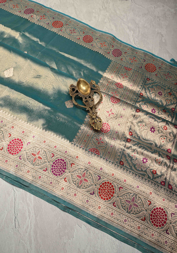 Deep Teal Pure Banarasi Tissue Organza Silk Handloom Saree with Floral Buttas and Meenakari Border and Pallu | SILK MARK CERTIFIED