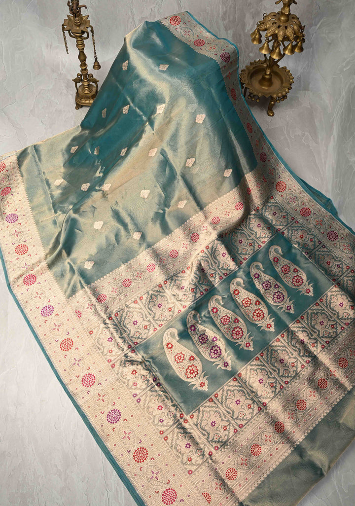 Deep Teal Pure Banarasi Tissue Organza Silk Handloom Saree with Floral Buttas and Meenakari Border and Pallu | SILK MARK CERTIFIED